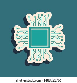 Green Processor icon isolated on blue background. CPU, central processing unit, microchip, microcircuit, computer processor, chip. Long shadow style. Vector Illustration