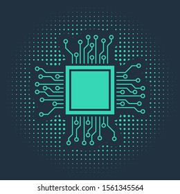 Green Processor icon isolated on blue background. CPU, central processing unit, microchip, microcircuit, computer processor, chip. Abstract circle random dots. Vector Illustration