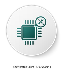 Green Processor with screwdriver and wrench icon isolated on white background. Adjusting, service, setting, maintenance, repair, fixing. White circle button. Vector Illustration