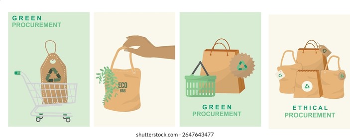 Modelo de banner de compras ecológicas de compras ecológicas. Cartaz de conceito de compra ética empresarial sustentável. Responsabilidade corporativa sacos de reciclagem para apresentações de marketing. Ilustração vetorial