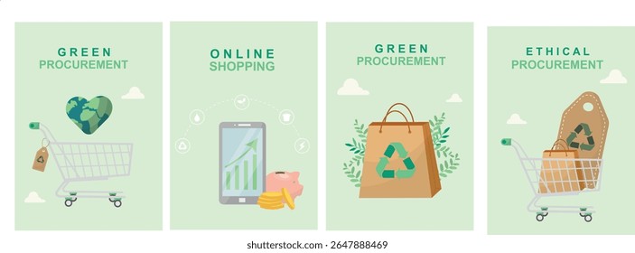 Modelo de banner de compras ético de compras ecológicas. Cartaz de compras on-line de negócios sustentáveis. Responsabilidade corporativa eco-comércio. Estilo plano. Contratos públicos sustentáveis. Ilustração vetorial