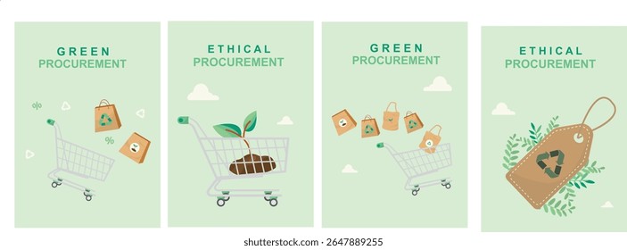Modelo de banner de compras ético de compras ecológicas. Cartaz do conceito de aquisição empresarial sustentável. Comércio eco-amigável. Negócios ecológicos. Contratos públicos ecológicos. Estilo plano. Ilustração vetorial