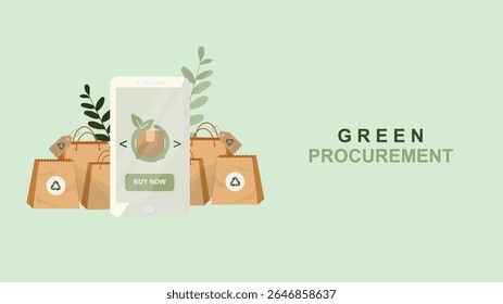 Conceito de compras móveis para aquisição ecológica com embalagens ecológicas e sacos recicláveis. Comércio eletrônico sustentável e responsabilidade ambiental. Compras ecológicas. Ilustração vetorial