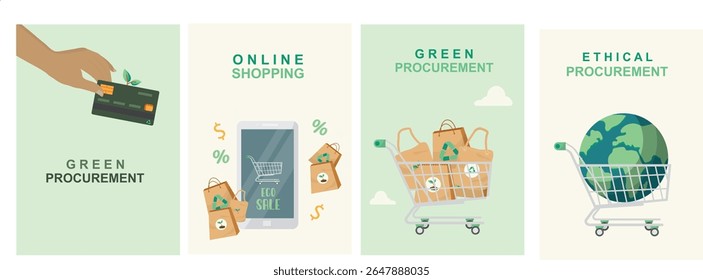 Modelo de banner de compras on-line de compras ecológicas. Cartaz de conceito de compra ética empresarial sustentável. Responsabilidade corporativa e-commerce. Negócios ecológicos. Estilo plano. Ilustração vetorial