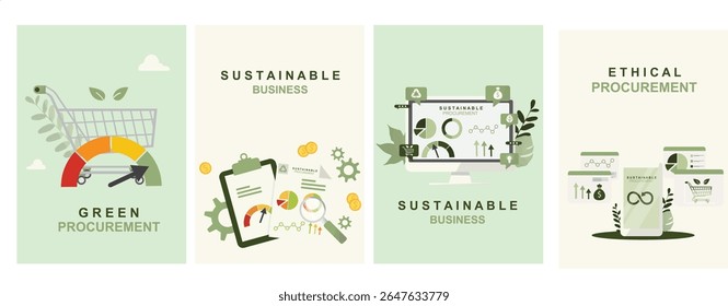 Contratos públicos ecológicos. Conjunto de cartazes do painel de negócios sustentável. Cartaz infográfico de análise de compras éticas. Apresentação de métricas de responsabilidade corporativa para marketing. Ilustração vetorial