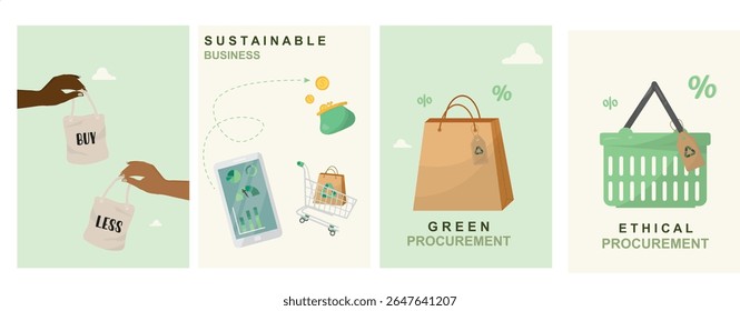 Modelo de banner comercial sustentável para compras ecológicas. Cartaz de conceito de escolha do consumidor para compras éticas. Retalho de responsabilidade corporativa para apresentações de marketing. Ilustração vetorial