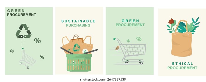 Modelo de banner de compras sustentáveis de compras ecológicas. Cartaz de conceito de compras de reciclagem de negócios éticos. Coleção de cartazes sobre contratos públicos sustentáveis. Estilo business.Flat verde. Ilustração vetorial