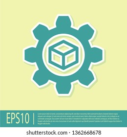 Green Product development icon isolated on yellow background. Gear and cube. Product development symbol design from Startup collection. Flat design. Vector Illustration