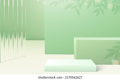 Green product display podium background of wave tropical leaves shadow and textured glass wall in 3D illustration