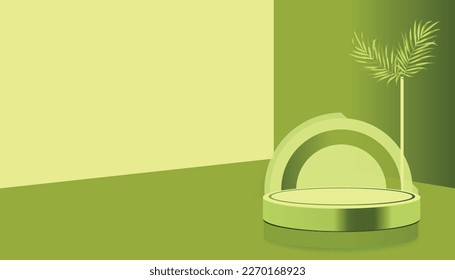 Green product podium with green tropical palm leaves and golden round arch on green background. Background for product presentation.  orange studio