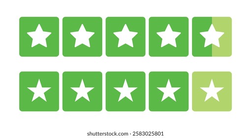 Green product review stars business element icons. A set of five green stars for customer product reviews, representing quality, feedback, and ratings. Flat icons for apps and websites.