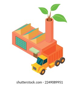 Green production icon isometric vector. Truck near factory building with branch. Ecology concept, environmental protection