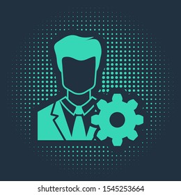 Green Profile settings icon isolated on blue background. User setting icon. Profile Avatar with cogwheel. Account icon. Male person silhouette. Abstract circle random dots. Vector Illustration