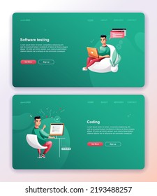 Green Programming concept, web engineer at work, vector images. Developer programming web site landing page template.