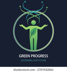 Green progress concept with person and leaf, representing sustainability and growth