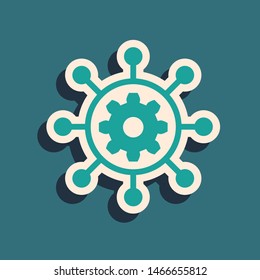 Green Project management icon isolated on blue background. Hub and spokes and gear solid icon. Long shadow style. Vector Illustration