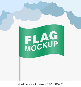 Green promo flag mockup with clouds on the background. Vector illustration.