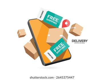 Green promotion sign with delivery free shipping text and parcel box or cardboard box displayed on a smartphone screen for delivery, online shopping, e commerce advertising design, vector 3d isolated