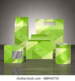 Green promotional package design for corporate identity with diagonal shapes. Stationery set