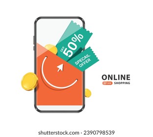 Green promotional sign or tag label with text discount special offer 50% off placed in a shopping bag on a smartphone screen, vector 3d isolated on white background for advertising design