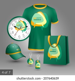 Green promotional souvenirs design for company with dialog clouds. Elements of stationery.