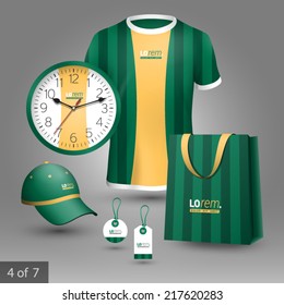 Green promotional souvenirs design for company with vertical lines. Elements of stationery.