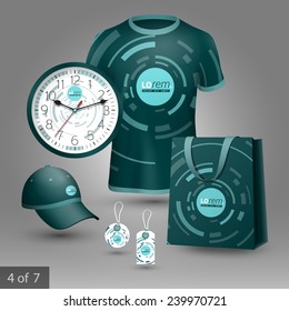 Green promotional souvenirs design for company with blue round digital figures. Elements of stationery.