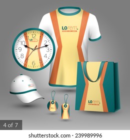 Green promotional souvenirs design for company with yellow vertical line. Elements of stationery.