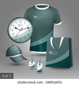 Green promotional souvenirs design for company with lines. Elements of stationery.