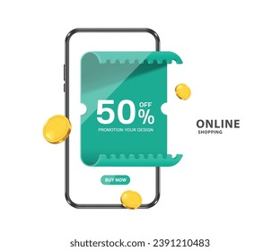 Green promotional tag label with 50% off promotion message and gold coins floating in air around it after customer presses order button on front of  smartphone, vector 3d isolated for online shopping