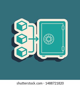 Green Proof of stake icon isolated on blue background. Cryptocurrency economy and finance collection. Long shadow style. Vector Illustration