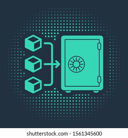 Green Proof of stake icon isolated on blue background. Cryptocurrency economy and finance collection. Abstract circle random dots. Vector Illustration