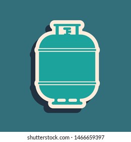Green Propane gas tank icon isolated on blue background. Flammable gas tank icon. Long shadow style. Vector Illustration