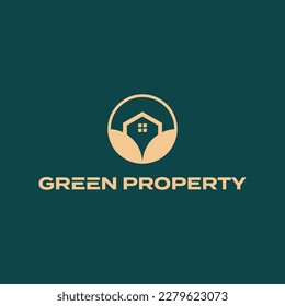Green property vector logo design. House and leaf logotype icon.