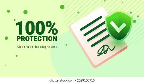 Green protection shield with check mark with signed document. Vector illustration for online marketing and business. Safety, insurance or protection. Template for website, mailing or poster.