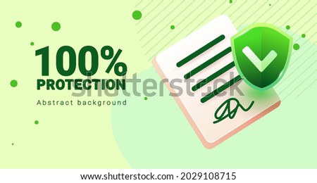 Green protection shield with check mark with signed document. Vector illustration for online marketing and business. Safety, insurance or protection. Template for website, mailing or poster.