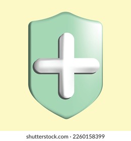 Green protection shield with white plus sign, Safety guard shield with cross. Three dimensions, 3D vector illustration isolated on yellow background. Medical, health care concept.