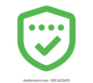 Green protective guard shield icon embedded with a secure keyhole and checkmark tick validation badge. Access authorized database lock symbol.
