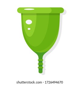 Green protective menstrual cup flat icon. Feminine personal hygiene silicone bell-shaped product for menses, bleeding, prevent leaking. Vector cartoon illustration isolated on white background.