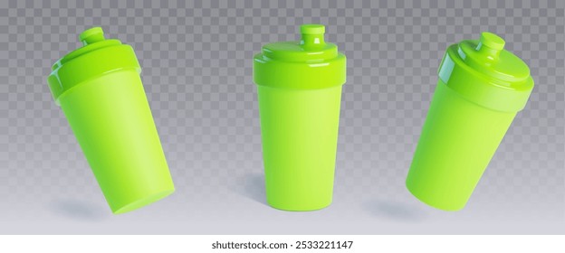 Green protein shaker. Gym plastic bottle isolated. Sport cup to drink whey cocktail. Fitness workout mug on transparent background. Blank energy supplement tumbler for bodybuilding or travel set