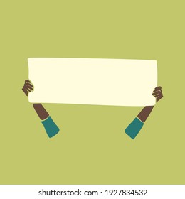Green protest, Afro black skin hands holding blank long banner. Abstract vector illustration contemporary art flat design
