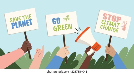 Green protest concept. People came to rally with placards in their hands. Eco activists and volunteers, responsible society. Rights and Democracy. Save planet. Cartoon flat vector illustration