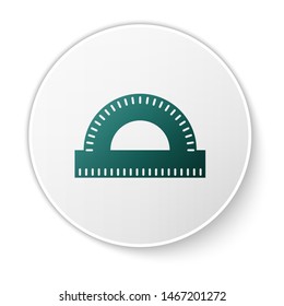 Green Protractor grid for measuring degrees icon isolated on white background. Tilt angle meter. Measuring tool. Geometric symbol. White circle button. Vector Illustration
