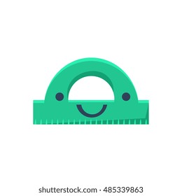 Green Protractor Primitive Icon With Smiley Face. Office Or School Desk Supply Sticker In Simplified Childish Cartoon Vector Design Isolated On White Background