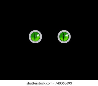 Green protruding predatory monster eyes isolated on black background. Vector illustration, clip art.