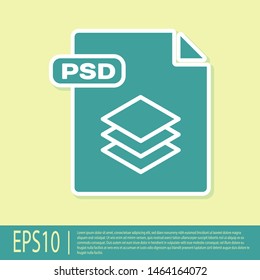 Green PSD file document. Download psd button icon isolated on yellow background. PSD file symbol.  Vector Illustration