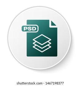 Green PSD file document. Download psd button icon isolated on white background. PSD file symbol. White circle button. Vector Illustration