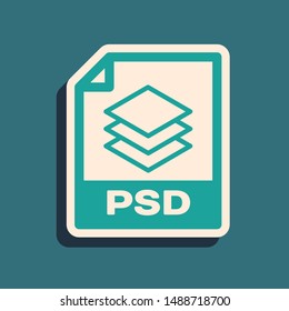 Green PSD file document. Download psd button icon isolated on blue background. PSD file symbol. Long shadow style. Vector Illustration