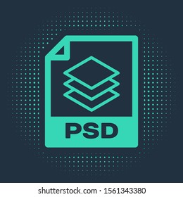 Green PSD file document. Download psd button icon isolated on blue background. PSD file symbol. Abstract circle random dots. Vector Illustration