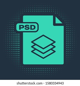 Green PSD file document. Download psd button icon isolated on blue background. PSD file symbol. Abstract circle random dots. Vector Illustration